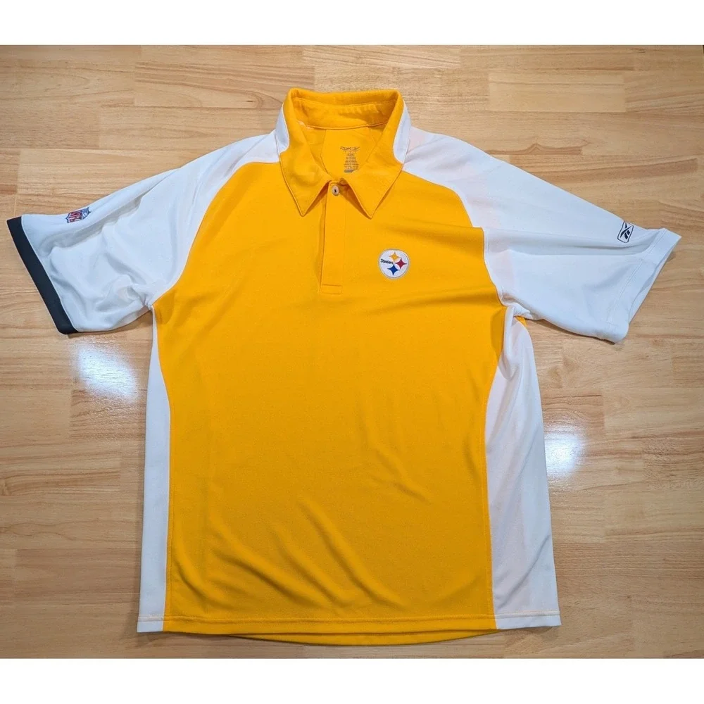 Reebok Pittsburgh Steelers NFL PlayDry Polo Shirt Mens‎ Large Gold White